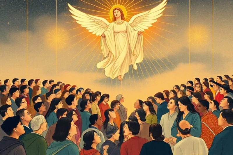 Representación de una comunidad conectada por hilos de luz, con una figura angelical supervisando