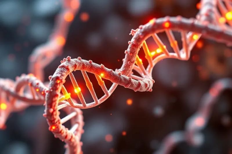 Ilustración digital del sistema CRISPR-Cas9 editando una hélice de ADN con precisión molecular.