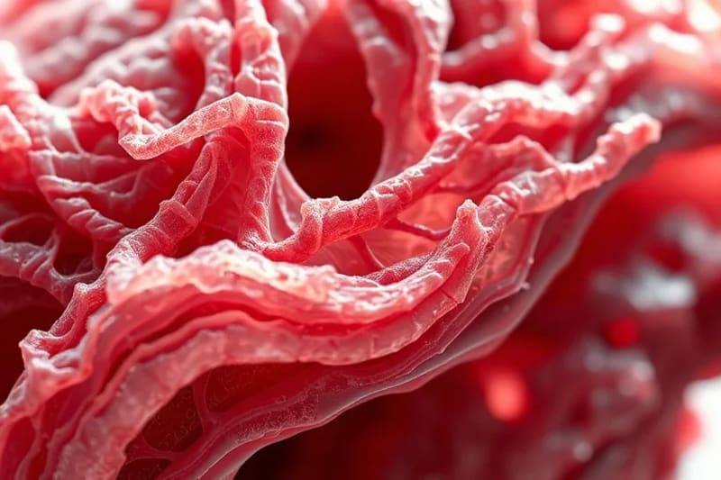 Render 3D de tejido muscular o cartílago bioimpreso, mostrando detalles celulares y materiales de andamiaje.