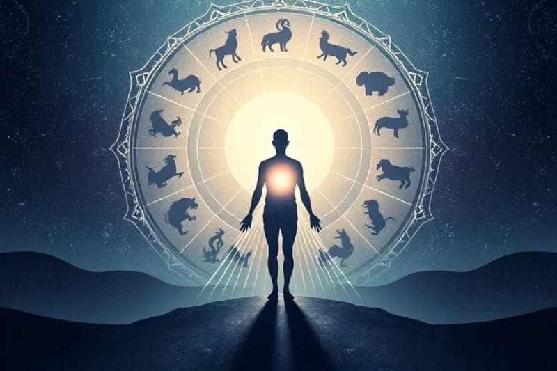 Abstract vector art of a glowing human silhouette at a crossroads, with ethereal lines extending towards stylized zodiac animal symbols, representing spiritual guidance.