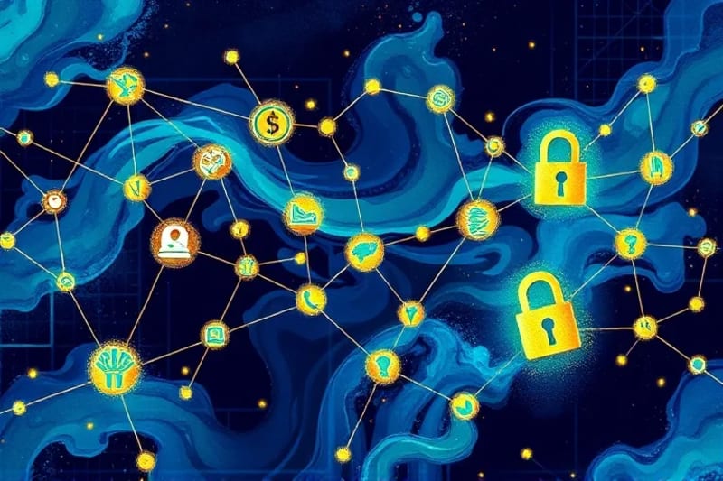 Representación abstracta de una red blockchain con nodos interconectados y símbolos de contratos inteligentes, vinculando arte digital.