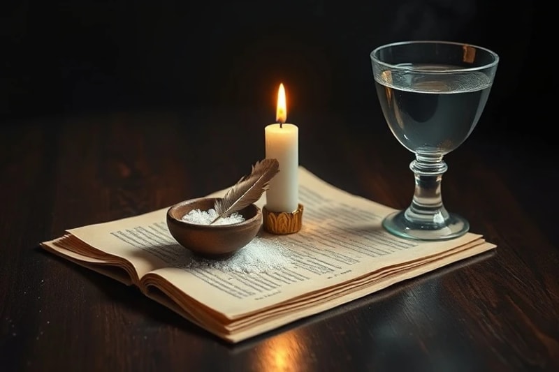 Still life of elemental tools: salt, feather, candle, chalice