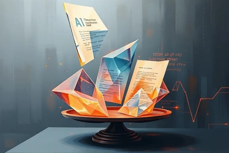 Pintura digital abstracta que fusiona formas geométricas brillantes con elementos de código legal, simbolizando los desafíos de la autenticidad y la ley en el arte IA.