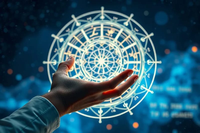 Mano de avatar interactuando con una interfaz holográfica que muestra una carta natal digital, simbolizando la astrología en el diseño de avatares.