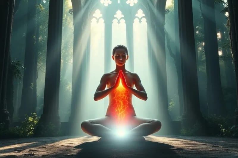 Una persona meditando en un entorno sereno, rodeada de un aura de energía cálida y vibrante, simbolizando la sanación energética.