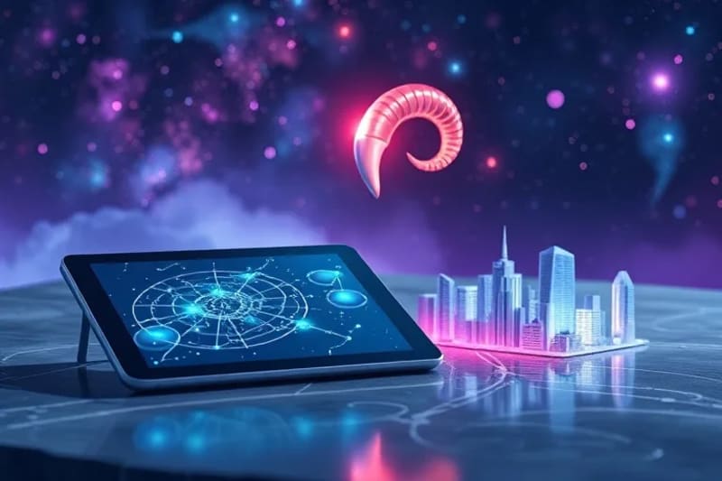 Bodegón conceptual con una tablet mostrando constelaciones y una ciudad holográfica, simbolizando la fusión de astrología y metaverso.