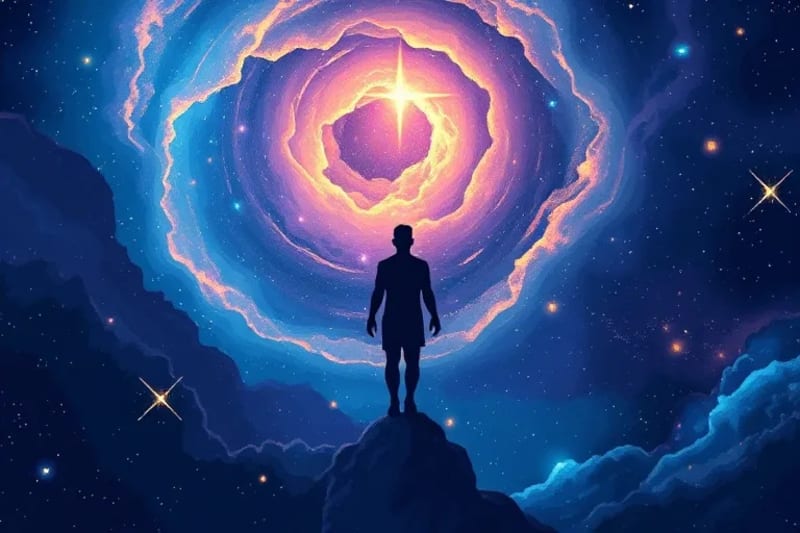 Un paisaje sereno con un cielo estrellado y una figura etérea que se eleva, simbolizando la trascendencia espiritual y la conexión con el cosmos.
