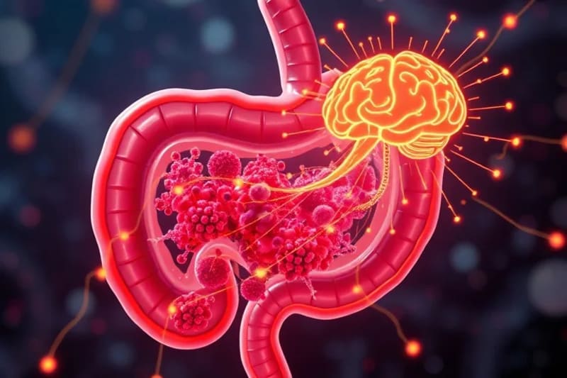 Ilustración abstracta de la conexión neural y microbiana entre el intestino y el cerebro, con líneas de energía y bacterias beneficiosas