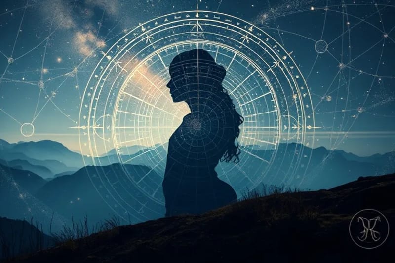 Abstract digital painting of a luminous soul blueprint with sacred geometry, overlaid with glowing karmic threads and ancient star maps in mystical colors.