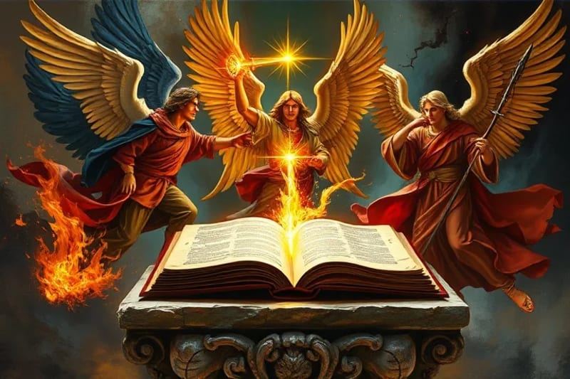 Pintura al óleo dramática de Arcángeles intercediendo. Miguel desvía energías caóticas con una espada de luz, Gabriel toca una trompeta, Rafael cura con luz. Contraste entre luz celestial y sombras terrenales.