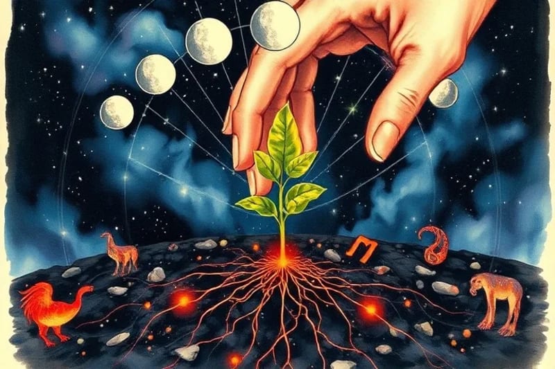Mano plantando semilla con símbolos astrológicos superpuestos