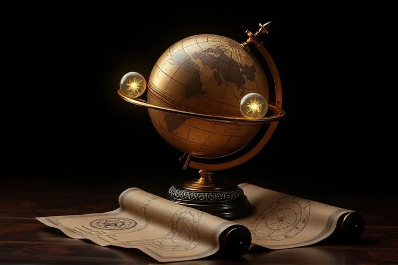 3D render of an antique celestial globe with glowing fixed star orbs orbiting it, alongside an unfurled scroll with star charts, in a scholarly, mystical setting.