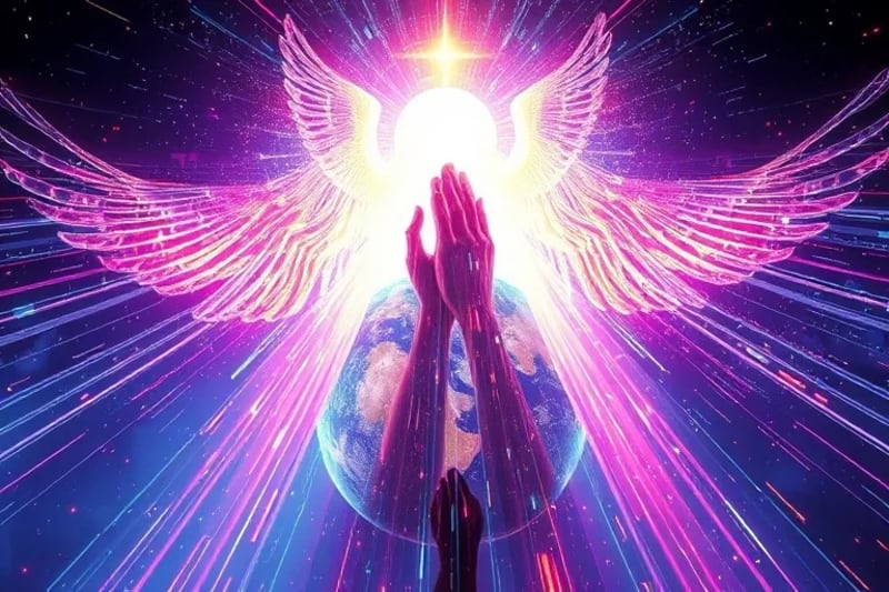 Arte digital simbólico de comunicación divina. Patrones de luz ascienden de la Tierra a una puerta celestial. Siluetas de manos en oración integradas en la luz. Colores azules, púrpuras, dorados.