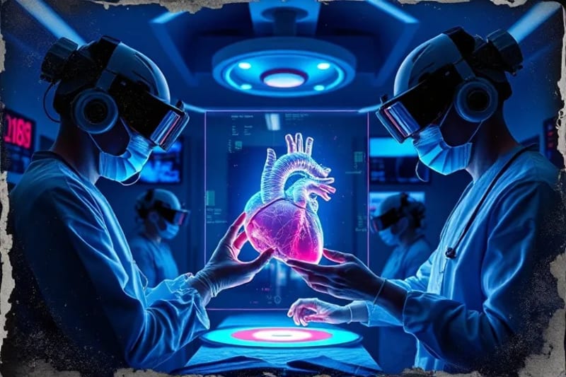 Estudiantes de medicina practicando cirugía en un modelo holográfico 3D de un corazón con gafas de RA.