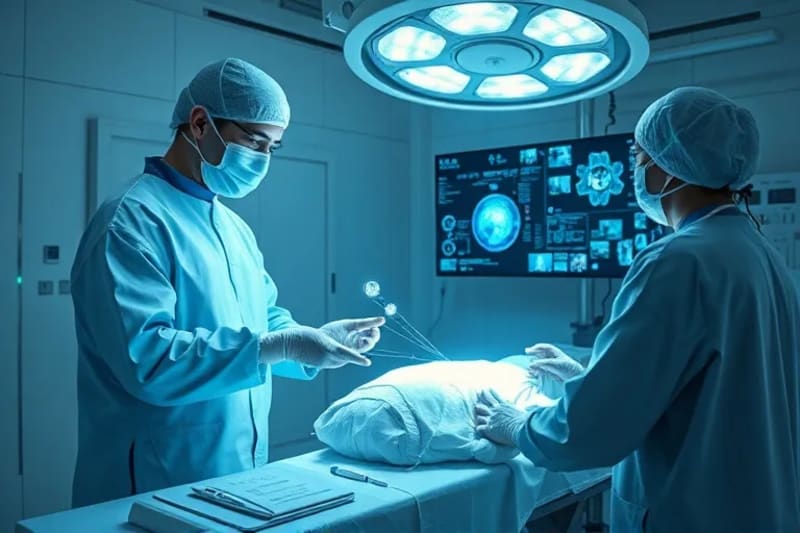 Dos cirujanos colaborando remotamente, uno en quirófano con RA y otro en centro de control con pantallas.