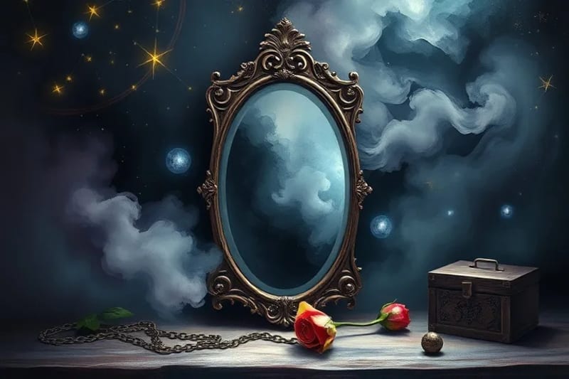 Espejo antiguo reflejando fragmentos de recuerdos y objetos simbólicos de karma