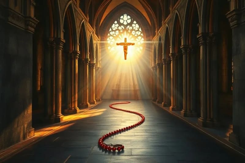 Pintura al óleo de un camino iluminado por un rosario que lleva a un corazón luminoso, con sombras de tribulación a los lados