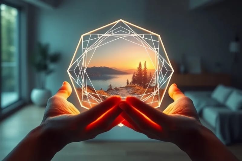 A close-up of hands gently holding a glowing digital artifact projecting a serene miniature landscape, symbolizing a personalized digital ritual for mindfulness.