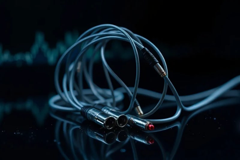 Tangled audio cables forming a musical note with digital waveforms, representing abstract digital audio processing.