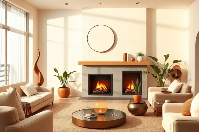 Sala de estar moderna con elementos de Feng Shui Cuántico, representando armonía y flujo de energía