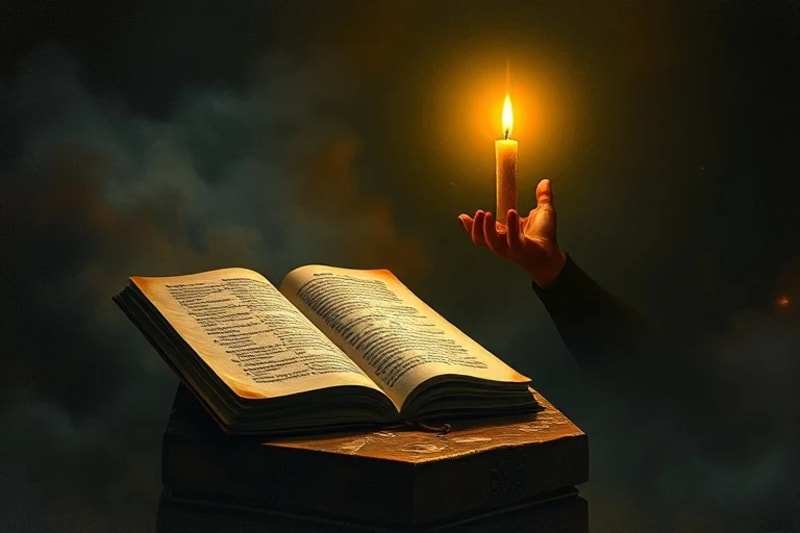 Mano fuerte y humilde sosteniendo una vela parpadeante en un espacio vasto y oscuro, simbolizando la luz de la fe contra la oscuridad y la perseverancia.
