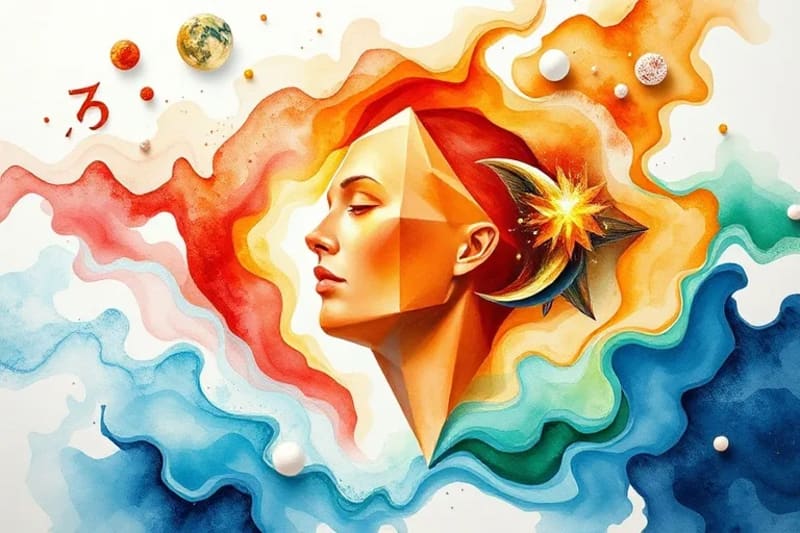 Abstract watercolor depiction of a person's aura interacting with swirling planetary energies, showing dynamic energetic exchange.