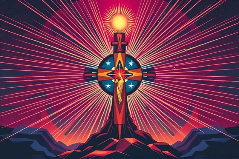 Representación abstracta de la Iglesia moderna, con formas geométricas interconectadas formando una cruz o comunidad, de la que emanan líneas radiantes desde un punto central brillante.