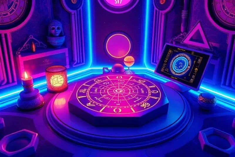 Stylized 3D render of a futuristic altar with a glowing crystal grid, astrolabe, and digital planetary display, representing a modern sacred space.