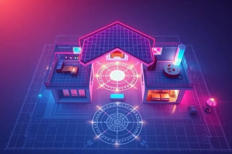 Representación abstracta de un plano de casa con flujos de energía, destacando zonas y nodos energéticos