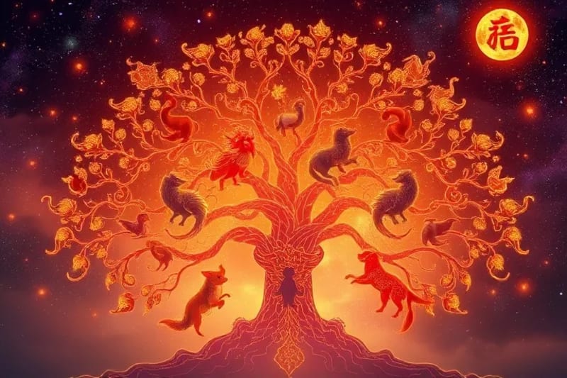 Árbol genealógico con animales del zodiaco chino en lugar de nombres
