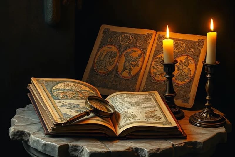 Manuscritos antiguos iluminados con oro, mostrando bestias apocalípticas y eventos cósmicos.