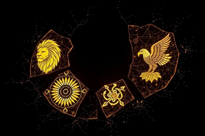 Vitral fragmentado con símbolos místicos como un león, águila, y rostro humano, flotando en la oscuridad.