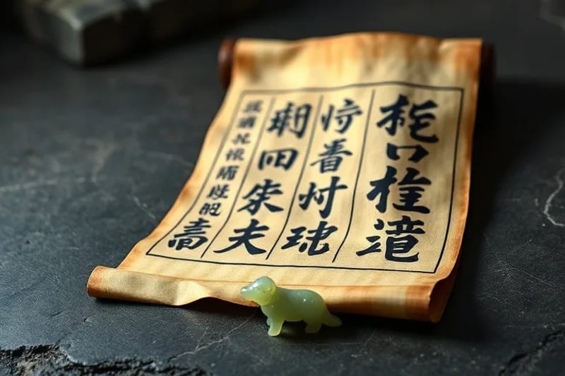 Macro photography of weathered bamboo scrolls with Taoist characters