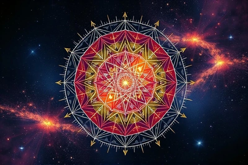 Geometric representation of overlapping astrological charts with interconnected networks of lines and symbols.