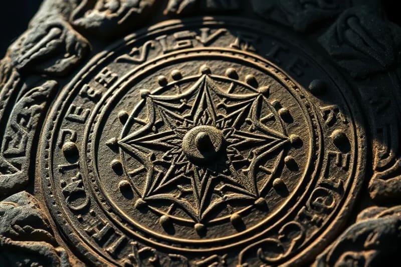 Close-up of ancient, weathered astrological symbols carved into a stone tablet, glowing with cosmic dust.