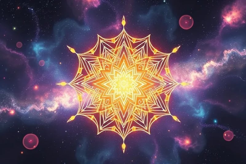Mandala de geometría sagrada complejo y brillante que se expande, manifestando resultados deseados como proyecciones holográficas