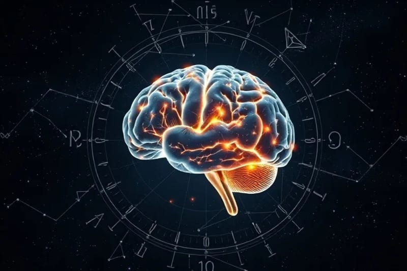 Cerebro con conexiones neuronales y símbolos zodiacales flotando alrededor