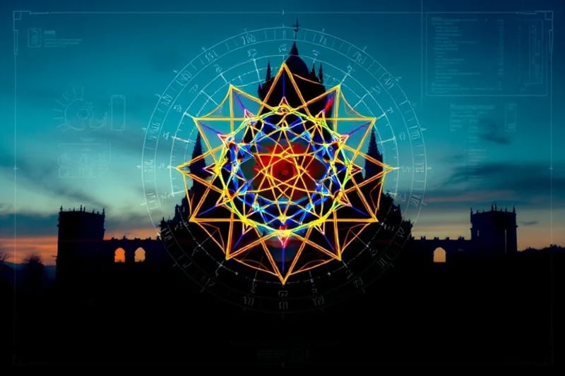 Intricate sacred geometry pattern, glowing with golden light, overlaying ancient architectural blueprints