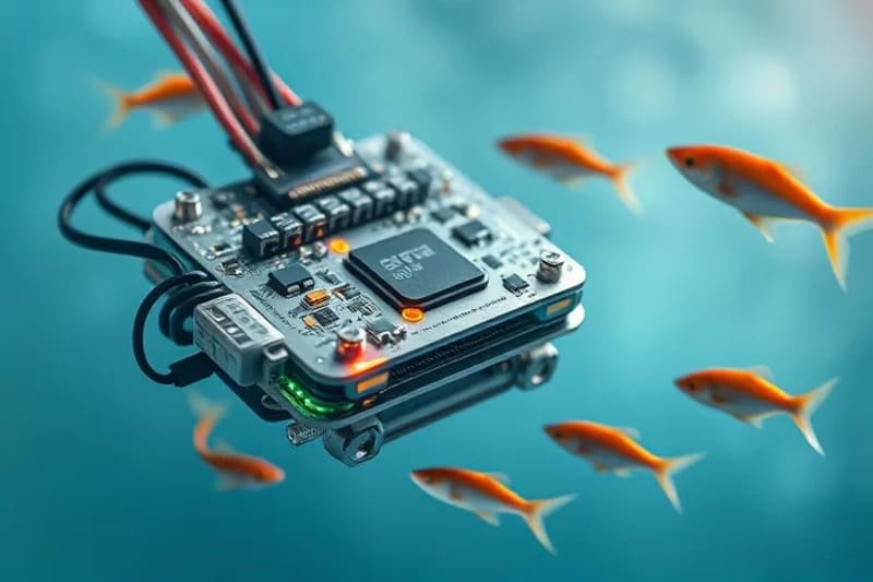 Sensores IoT sumergidos en agua cristalina de acuicultura midiendo parámetros como pH y oxígeno para monitoreo preciso.