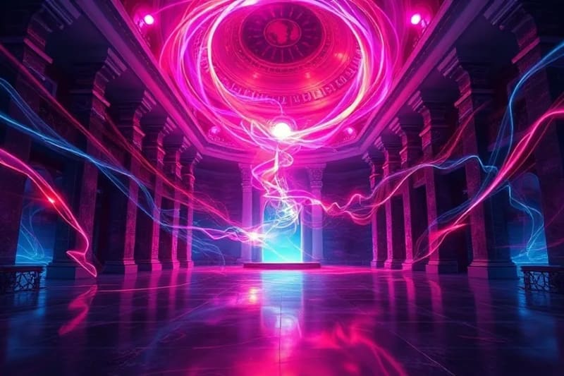 Subtle energy flows and light patterns within a sacred space, illustrating the energetic impact of architecture on human aura