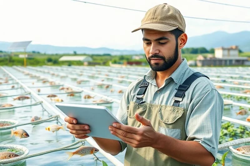 Pintura acuarela de un acuicultor utilizando una tablet para monitorear un sistema IoT, con tanques de peces saludables y paneles solares al fondo, simbolizando ética y sostenibilidad.