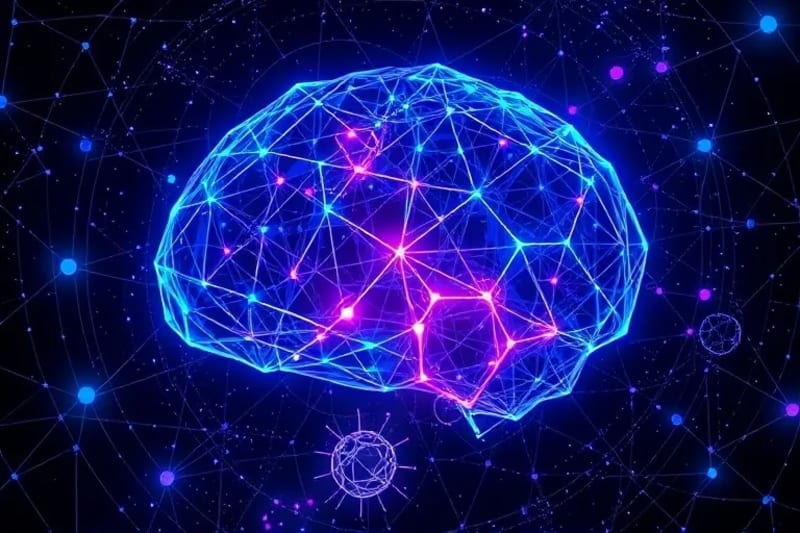 Red neuronal abstracta con elementos cósmicos y símbolos de los elementos