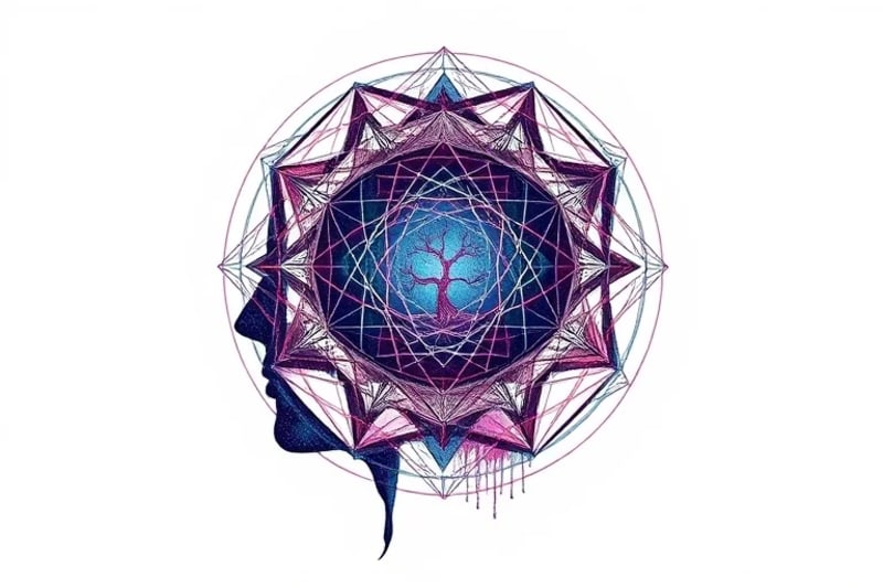 Geometric human head with symbolic elements