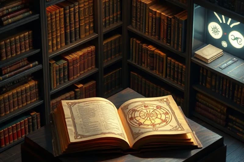 Ethereal library with glowing, symbolic books