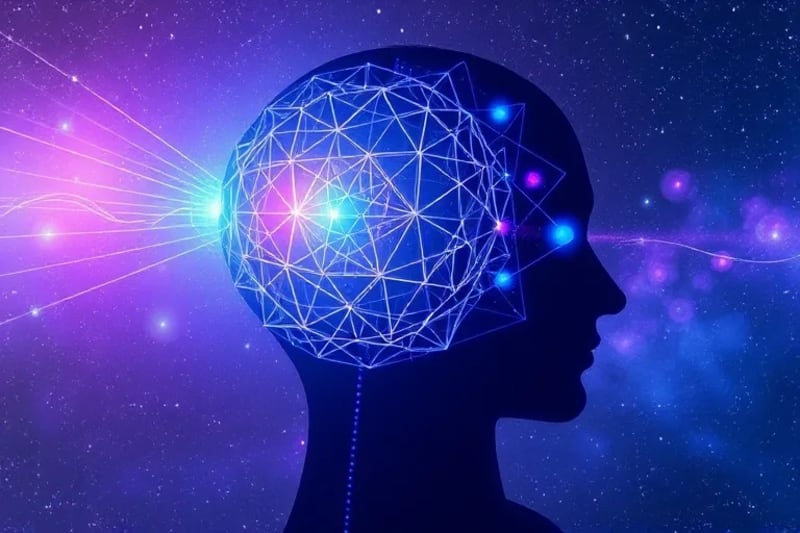 Cabeza humana estilizada con patrones geométricos emergiendo del cerebro