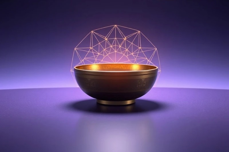 Conceptual still-life of an ancient singing bowl with geometric patterns