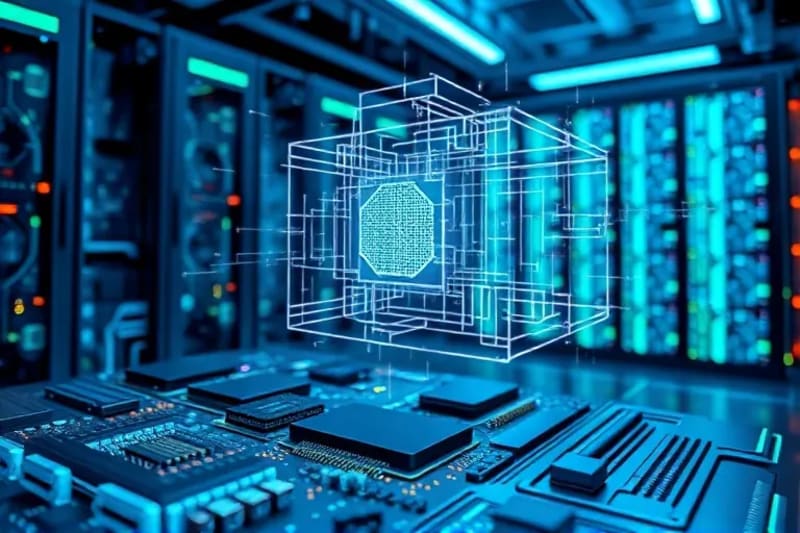 3D render of a secure server room with abstract light patterns and interconnected blocks symbolizing AI explainability