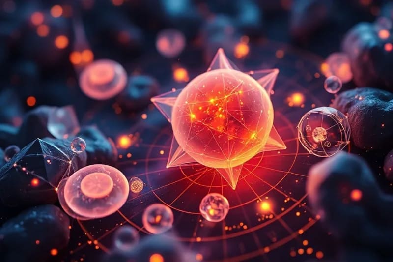 Ilustración digital de células humanas vibrantes siendo armonizadas por patrones geométricos sutiles y ondas sonoras suaves, con tonos pastel y bioluminiscentes.
