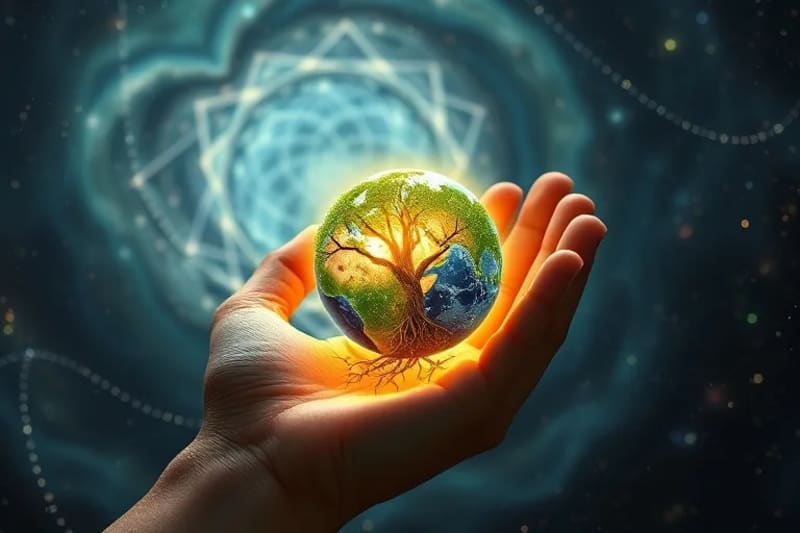 Human hand cradling a glowing Earth with roots and branches, symbolizing stewardship and healing