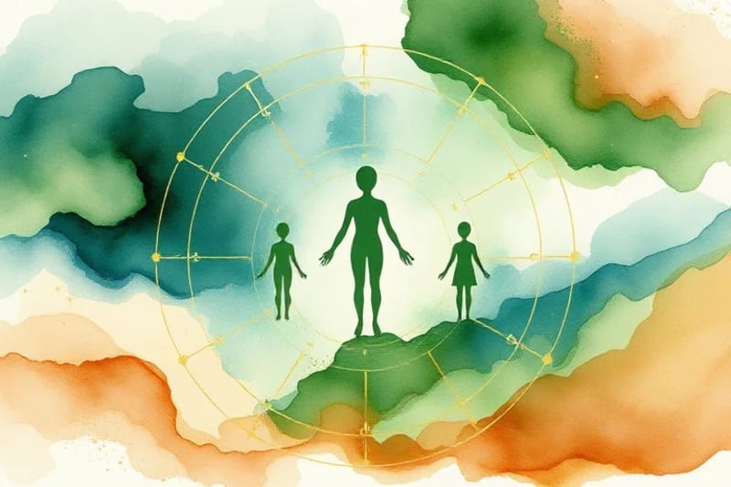 Abstract watercolor of interconnected human figures within natural elements, symbolizing collective well-being